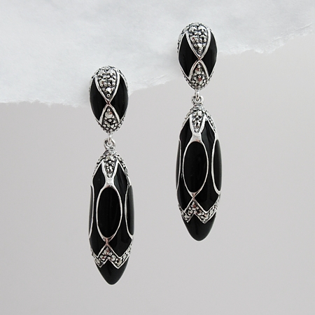 Black Enamel Faberge Egg Earrings with Marcasite - Click Image to Close